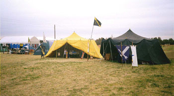 His Excellency Baron Black Arrow's household encampment at Estrella War XVI's archery range.  