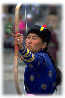 Mongolian archer using Asiatic composite bow and thumbring style
