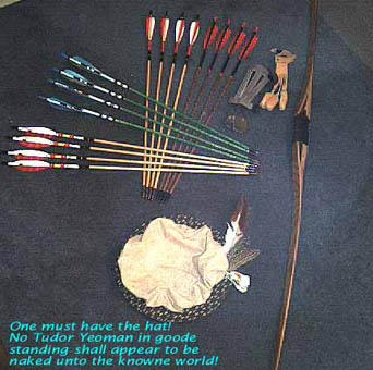Samples of homemade and 'store bought' arrows, bow, tab, glove, armbrace, and the feathered hat.